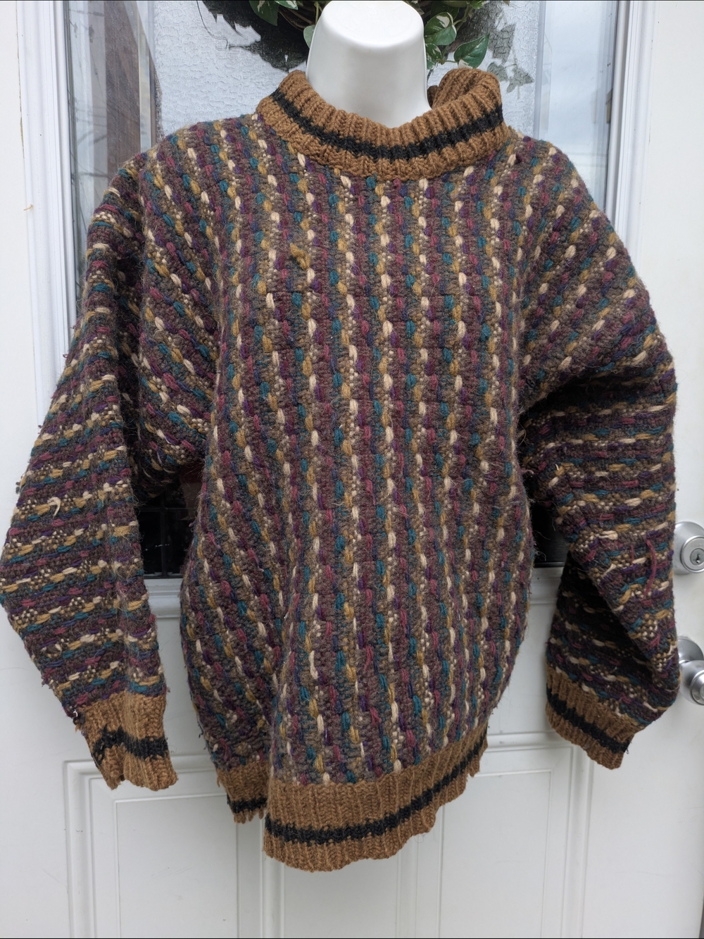 Vintage 100% Wool Multicolor Cable Knit Sweater with Mustard Trim